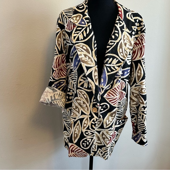 VTG Danielle B‎ Linen Cotton Multicolor Leaf Print Large Summer Blazer Made USA - Picture 7 of 8